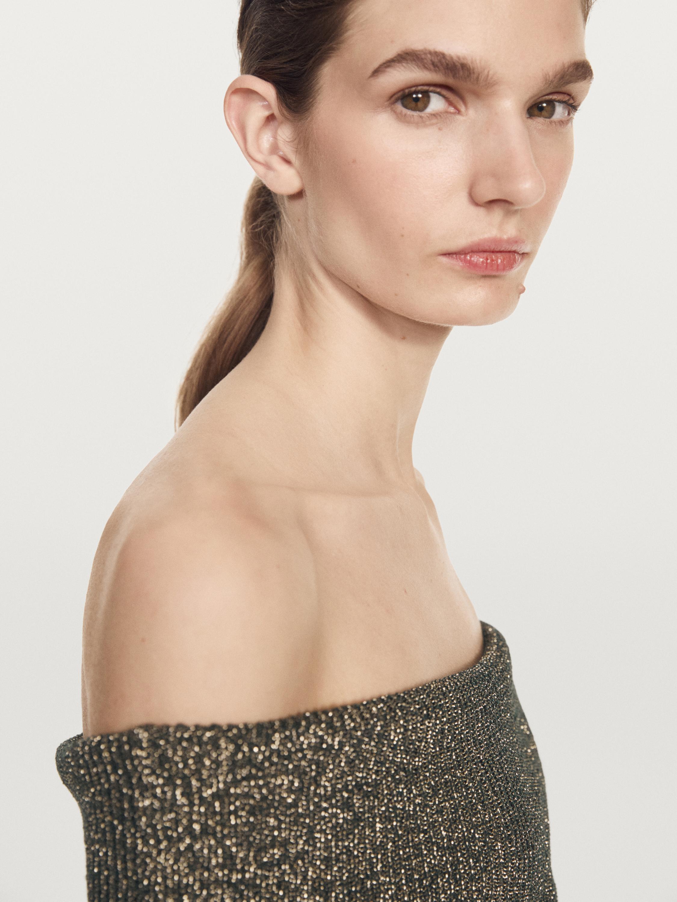 Off-the-shoulder knit sweater with metallic finish